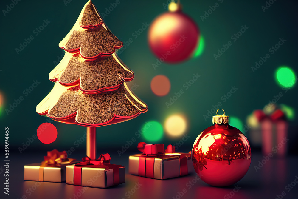 Decorated Candy Toy Christmas tree New Year on blurred winter background.