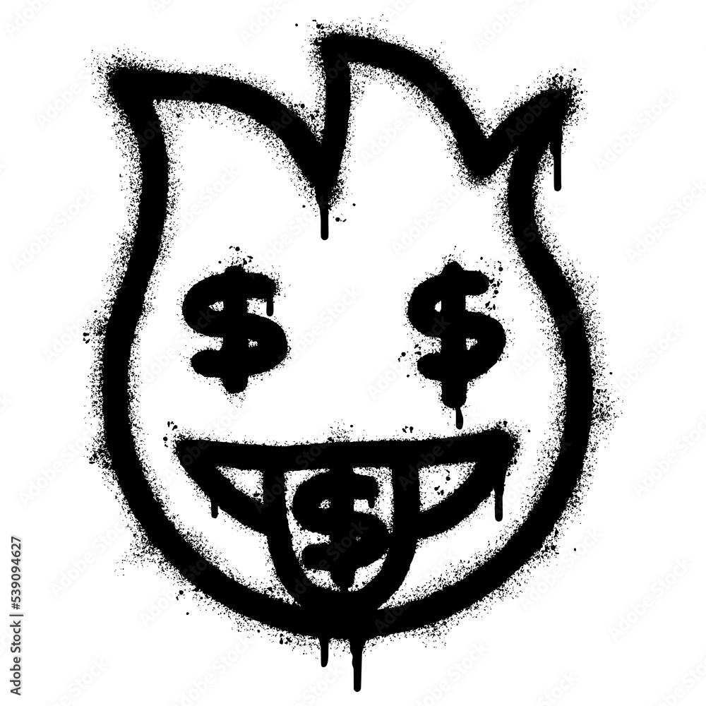 Graffiti emoticon Money mouth isolated with a white background. graffiti Fire emoji with over spray in black over white. Vector illustration. Graffiti emoticon Money mouth isolated with a white background. graffiti Fire emoji with over spray in black over white. Vector illustration.