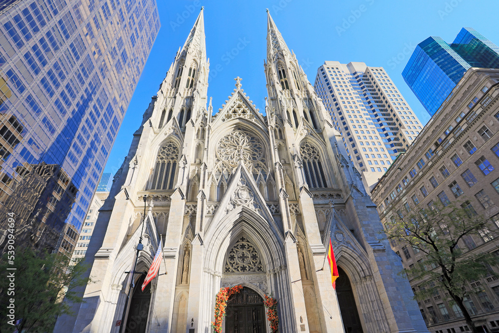 afternoon, America, architecture, building, cathedral, St. Patrick's Cathedral exterior view in New York City