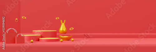 Chinese New Year Rabbit symbol of 2023 year, Template for advertising, web, social of premium products display, podium, golden rabbit statue and shopping bag on red background. 3d rendering photo