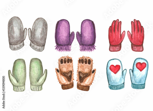 winter, autumn, spring warm fluffy knitted mittens and gloves: gray, purple, red, green, brown, turquoise. Watercolor illustration isolated on white