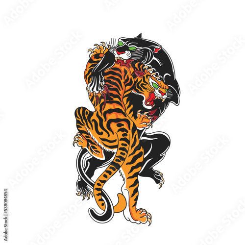 Fighting tiger and panther traditional tattoo design