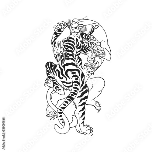 Fighting tiger and panther traditional tattoo design outline