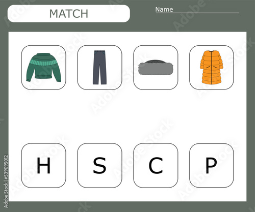 find the first letter of the word  clothes and connect. Educational game for children.
