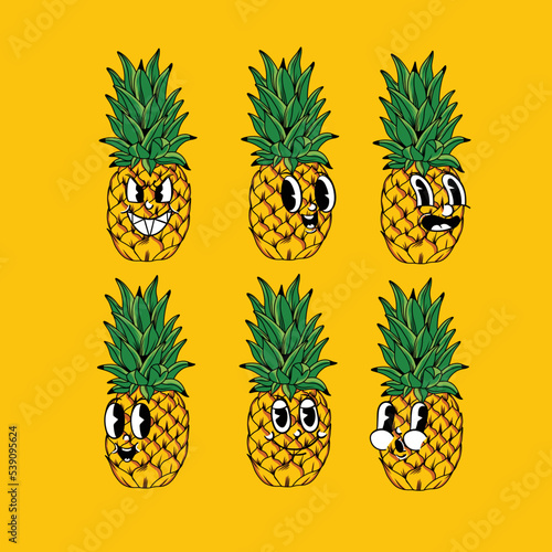 Pineapple emotion icon set vector