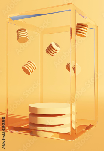 Abstract podium in glass frame on yellow background. Stand to show products. Pedestal in vertical display. Yellow backdrop for smartphone. 3D rendering.