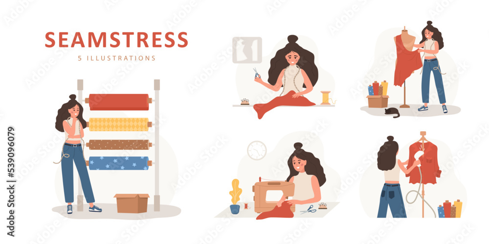 Sewing concept. Woman seamstress sews, cuts, takes measurements and streams clothes. Fashion designer or dressmaker. Vector illustration in flat cartoon style. Hobby concept.