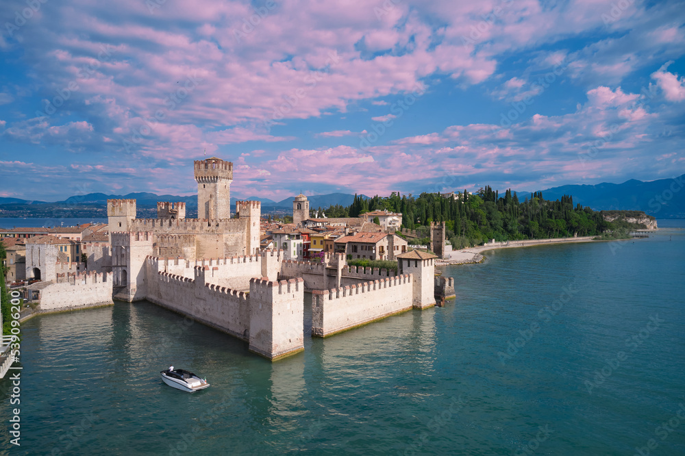 Aerial view to scaligero castle, popular travel destination on Lake Garda, Sirmione in Italy.