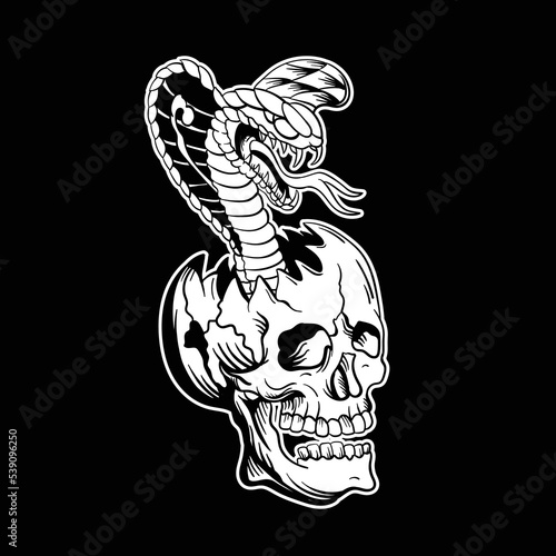 Traditional tattoo snake and skull black and white