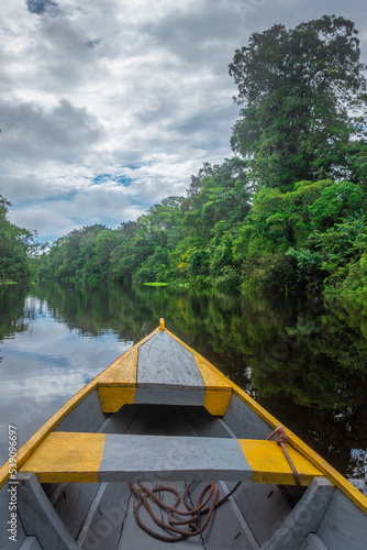 A boat sails through the Amazon river. Rain forest and clouds are reflected in the water.