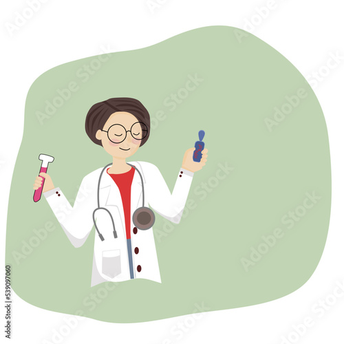 vector drawing, Female doctor holding a test tube and a bottle of HPv virus test.