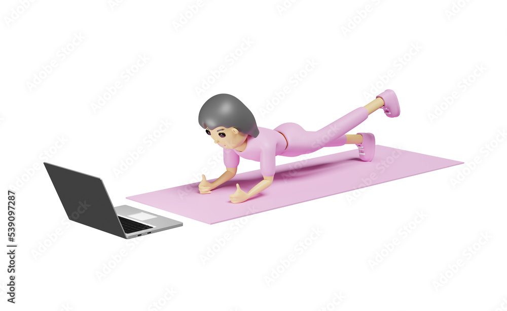 Fototapeta premium cartoon character women doing exercise style yoga on rubber mat with watching online tutorials on laptop. 3d illustration or 3d render