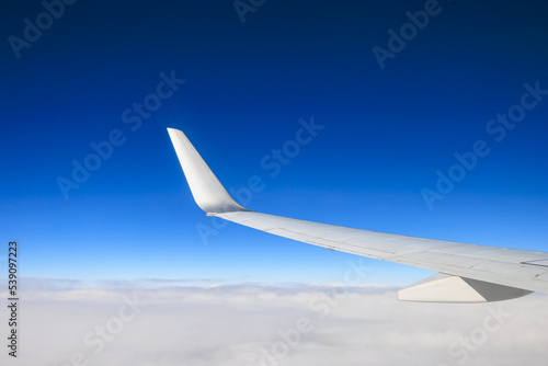 飛行機の翼と青空と眼下の雲