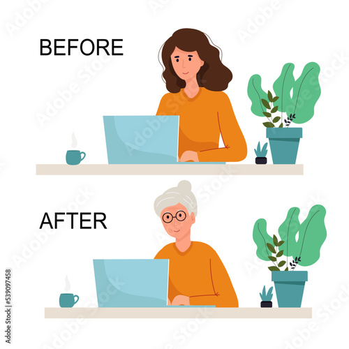 before a young girl sits at a laptop, after Elderly Woman Sitting At Table And Working With Laptop Vector. Isolated Illustration the girl got old,