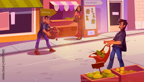 Scene on arabic bazaar with man drops fruits from basket on road. Egyptian city street with market, shops with food and souvenirs, surprised people, vector cartoon illustration
