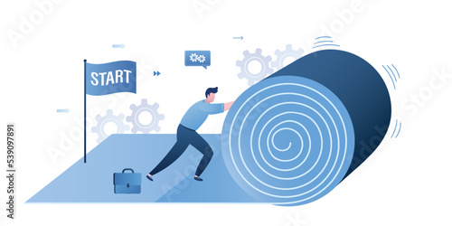 New business project, startup. Male entrepreneur lays out mat to open place of business. Open job opportunities. Create new workplace. Confident businessman beginning of new path.