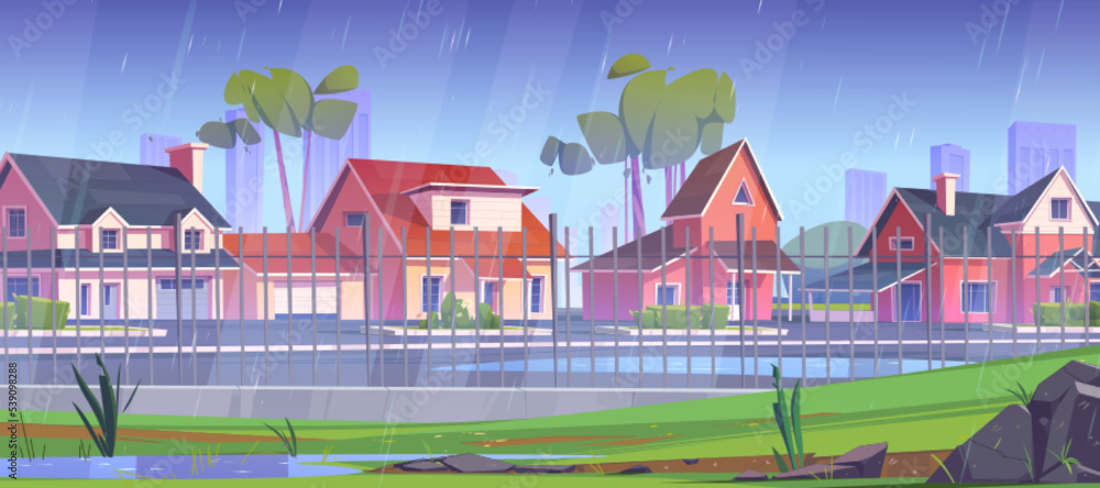 Suburban area at rain, street with cottage houses behind of metal fence with green trees, and puddles on road at rainy day. Countryside townscape with residential buildings Cartoon vector illustration