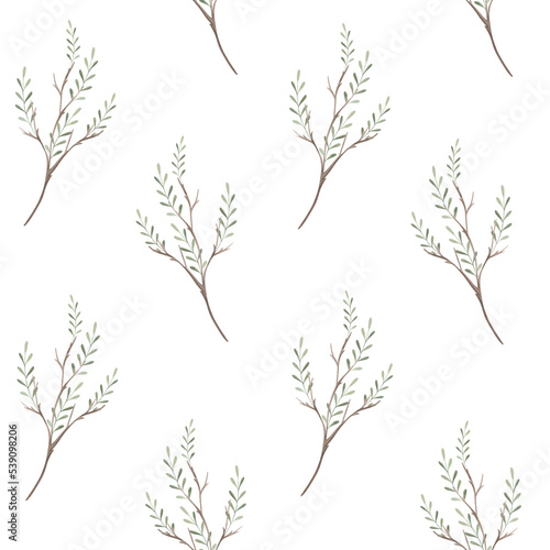 Seamless pattern with watercolor dried twigs with branch with leaf. Watercolor pattern with branch and leaf.