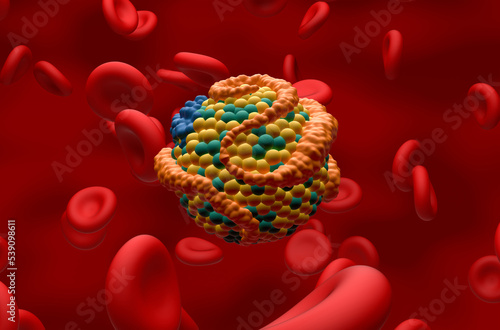 HDL (good) lipoprotein (cholesterol) in the blood flow – Closeup view 3d illustration photo