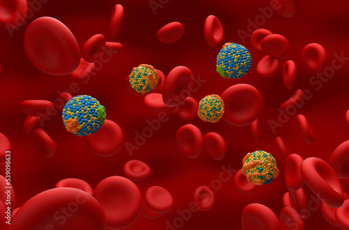 HDL good and LDL Bad lipoprotein cholesterol in the blood flow – isometric view 3d illustration photo