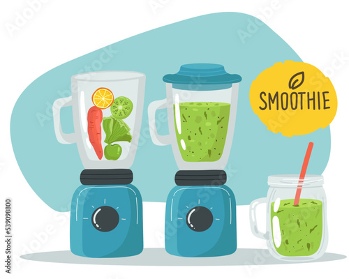 Smoothie in blender or mixer. Shaking, mixing detox healthy fruit juice smoothies. Green veg nutrition. Vegetables mix. Kitchen electric shaker machine. Food processor, juicer. Vector illustration