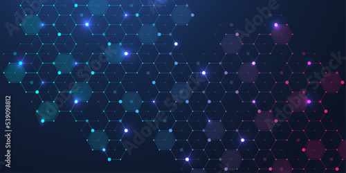 Technology abstract lines and dots connect background with hexagons. Hexagons connection digital data and big data concept. Hex digital data visualization. Vector illustration