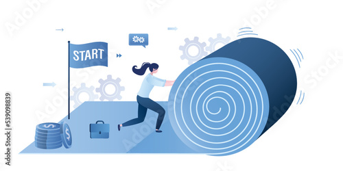 New business project, startup. Female entrepreneur lays out mat to open place of business. Open job opportunities. Create new workplace. Confident businesswoman begin new path.