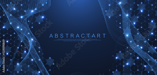 Technology abstract lines and dots connect background with hexagons. Hexagons connection digital data and big data concept. Hex digital data visualization. Vector illustration
