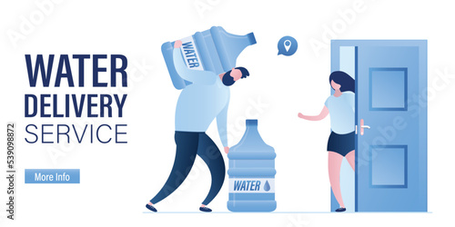 Woman client open door for deliveryman with bottles of pure water. Shipping plastic tanks of fresh water for consumer. Water delivery service, landing page, horizontal banner.