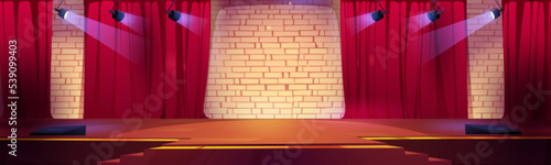 Stage for award ceremony, theater or studio scene for concert, music or dance show, illuminated podium with spotlights, stairs and viewer chairs. Empty performance scene Cartoon vector illustration
