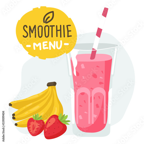 Milkshake smoothie cocktail glass, milk carton banana and strawberry isolated