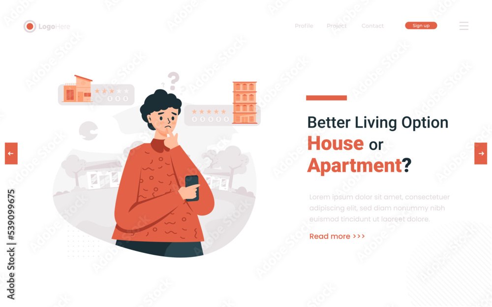 A man thinking to choosing house or apartment illustration on web banner