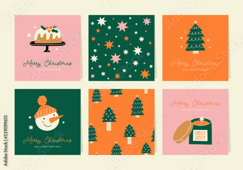 Christmas greeting cards or tags with lettering and hand drawn design elements. Postcard or invitation template. 