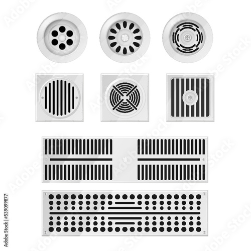 Metal drainage grates for shower or sink, bathroom floor and kitchen. Realistic set