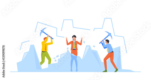 Knowing Each Member And Warm Up Business Concept With Characters Breaking Ice Activity. Group Of People With Hammers