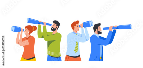 Male And Female Business Characters Looking Through Binoculars And Spy. Business Vision, Recruitment, Visionary Forecast