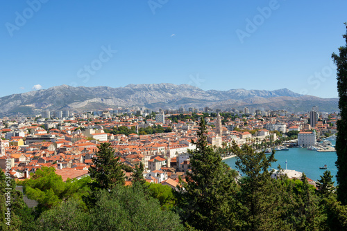 The city of Split, Dalmatia, Croatia seen from "Viewpoint to Marjan" on a sunny day in September, 2022. © PaulvSchijndel