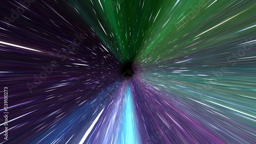 A fly by in space tunnel with various colorful clouds flying by depicting warp speed or super sonic speed