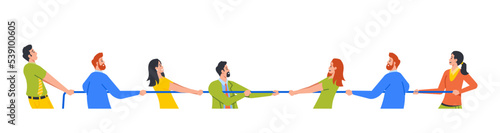 Business Teams Tug Of War Battle, Opposite Groups Pull Rope During Competition Or Rivalry. Colleagues Characters Fight