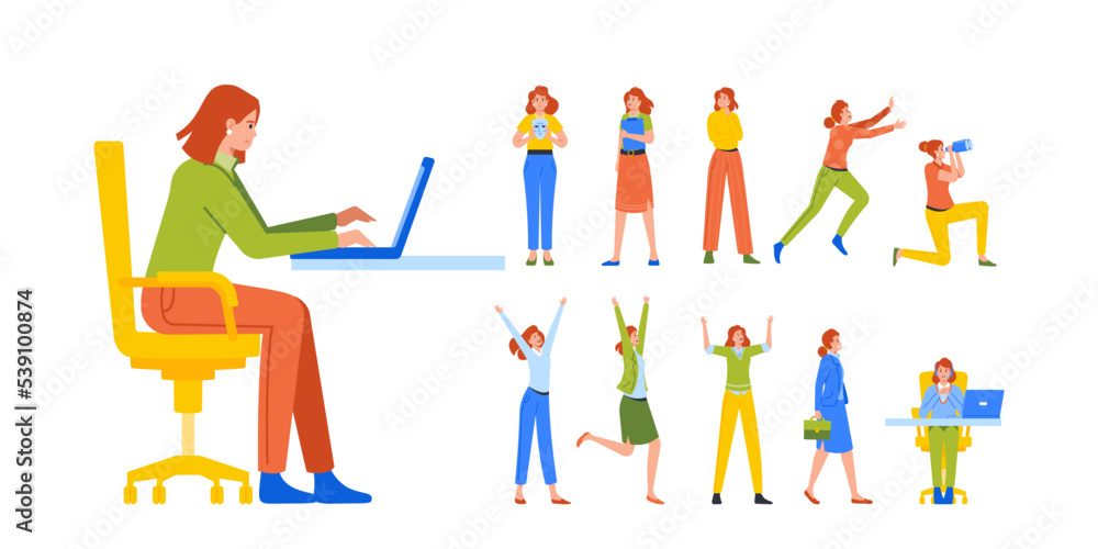 Set Of Business Women, Female Character Work On Computer, Holding Face Mask, Rejoice With Hands Up, Look In Binoculars