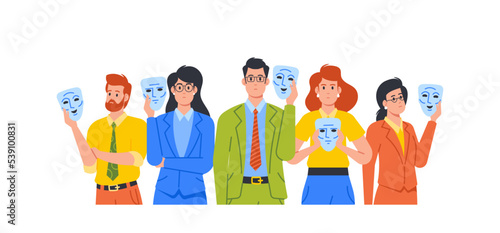 Male And Female Characters Hiding Faces Behind Social Masks With Fake Positive Emotions. Disguising Real Feelings
