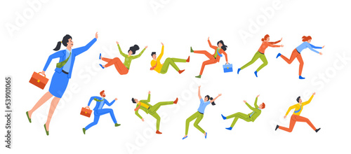 Set Of Business Characters Fall Isolated On White Background. Men And Women Stumble On Wet Floor, Clerks Or Employees