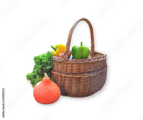 fresh  vegetables in a basket with a squash and lettuce isolated on white bac...