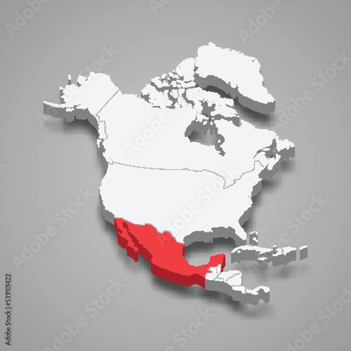 Mexico country location within North America. 3d map