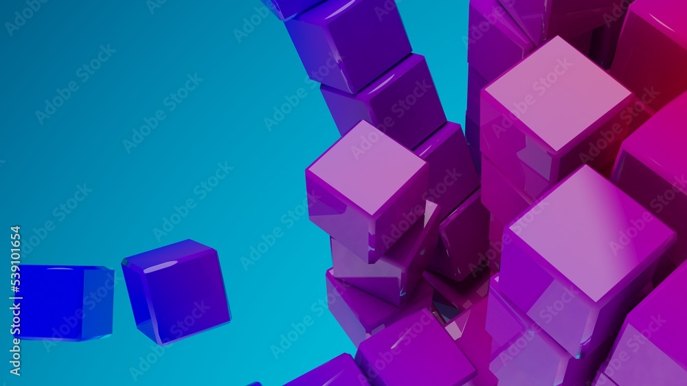 A set of many blue-purple graduated cubes that are collapsing under blue lighting background. Conceptual 3D CG of blockchain, financial system and personal data analysis. A set of many blue-purple graduated cubes that are collapsing under blue lighting background. Conceptual 3D CG of blockchain, financial system and personal data analysis.