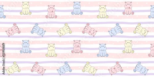 Colorful sitting hippos on a soft striped background with dots. Endless texture with cute tiny behemoths. Vector seamless pattern for wallpaper, surface texture, nursery room, cover and wrapping paper