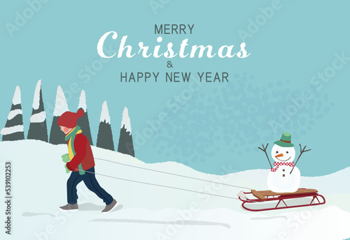 ソリ遊びをする男の子のクリスマス、Happy New Yearカードテンプレート、ベクターイラスト