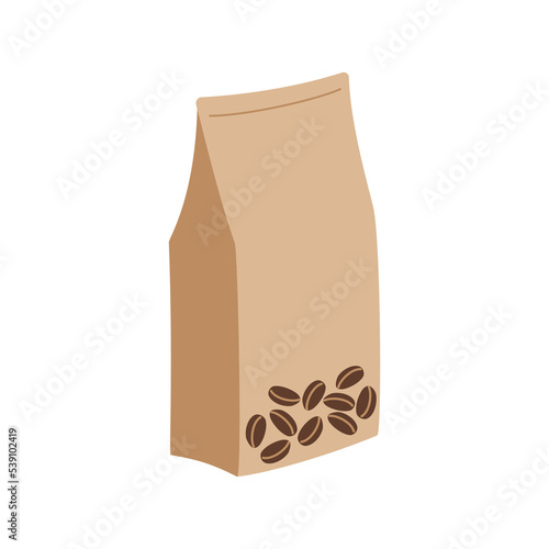 Craft paper bag with coffee beans. Closed coffee packaging. Hand drawn colored vector illustration isolated on white background. Flat cartoon style.