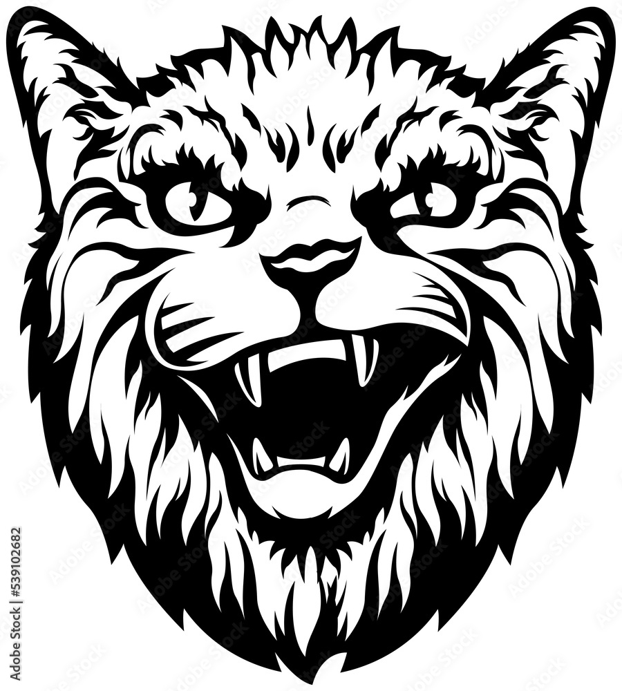 Evil cat. Isolated illustration. Black color on white background image. Wild animal design and tattoo.
