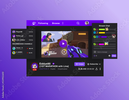 Video  game live streaming service. Broadcasts of esports competitions. Music broadcasts, creative content. Streamer playing the game live
